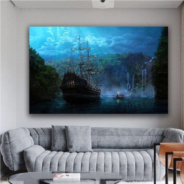 Segelschiff Leinwand Wandkunst, Schiff im Dunkeln Meer Gemälde, Ruderboot Wandkunst, Segelboot Leinwand Gemälde, Piratenschiff Leinwand Kunst