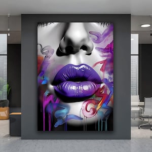 Woman with Purple Lipstick Canvas Print, Purple Lips Wall Art, Make-Up Wall Decor, Abstract Home Decor, Purple Canvas Art, Woman Home Decor