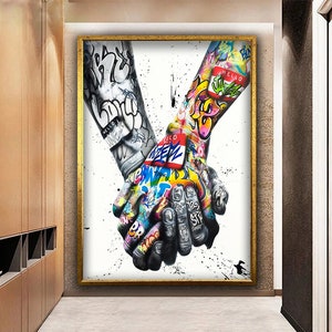 Holding Hands Graffiti Canvas Painting, Banksy Love Canvas, Street Art Hands Banksy Canvas Wall Art, Love Couples Canvas, Graffiti Art