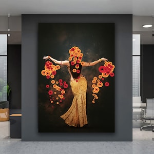 Belly Dancer Canvas Art, Belly Dancer with Flowers,  Oriental Canvas Print, Dancer Wall Art, Dance Wall Decor, Dance Lover Gift