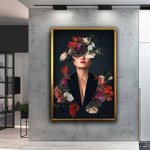 花を持つ女性の頭の絵画 オリジナルのフラワーパワーアート 森の
