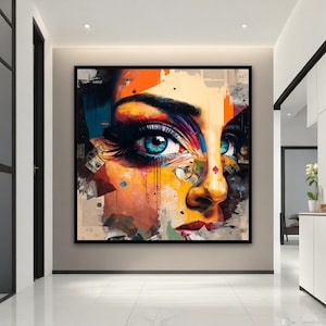 Woman With Blue Eeyes Canvas Print, Colorful Woman Wall Art, Abstract Woman Painting, Modern Wall Decor