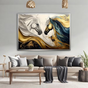 White and Gold Colored Horses Painting, Horse Print Equestrian Wall Art Two Horses Print, Horses Canvas, Noble horses canvas painting
