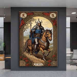 Impresión en lienzo de la carta del Tarot del caballero, pintura en lienzo de la carta del Tarot, arte en lienzo de un caballero a caballo, póster místico, impresión artística del Tarot, regalo para hombres