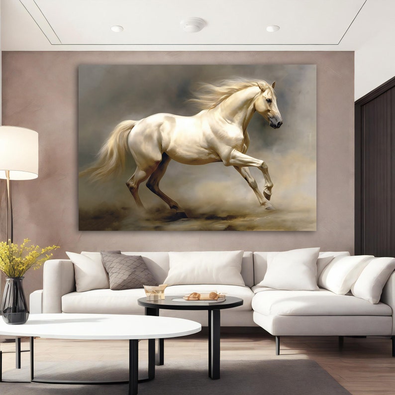 Majestic White Horse Canvas Painting, Running Horse Canvas Wall Art