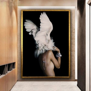 Woman with White Winged Head Canvas Painting, White Wings Wall Art, Wing Woman Canvas Print, Naked Woman Canvas Print, Modern Art