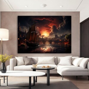 Pirate Ship Canvas Painting, Burning City Canvas, War Landscape Art, Pirate Ship Wall Art, Sailing Canvas Print, Sailboat Rolled Canvas Art
