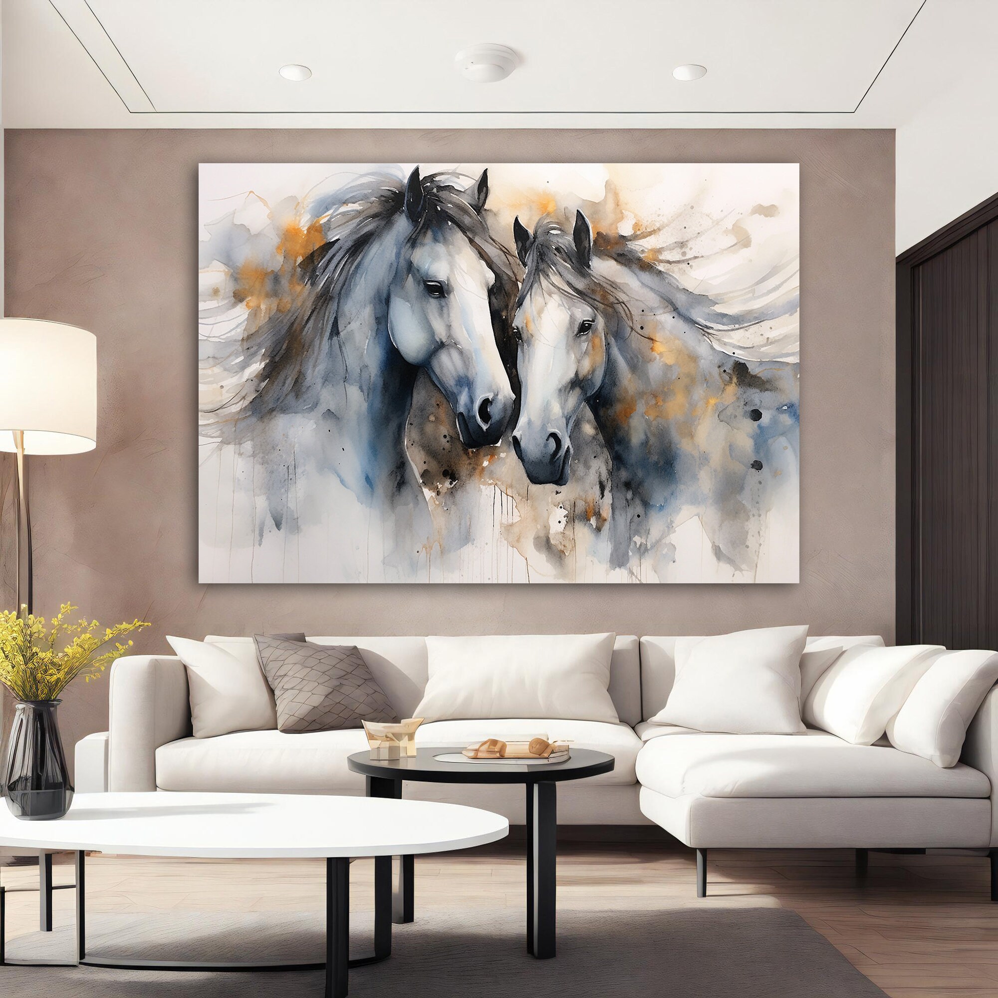 Couble White Horse Canvas Wall Art, Noble Horse Canvas Paint, Horse