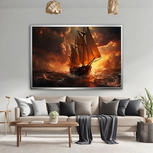 Ship Canvas Painting, Pirate Ship Wall Art, Sailing Painting, Boating Ship Painting, Rowing Boat Canvas Print, Burning Night Art