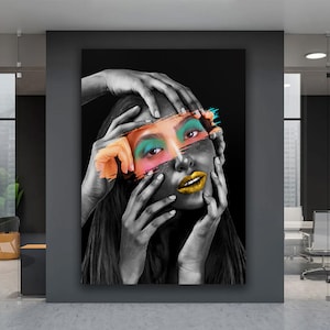 Woman Canvas Wall Art, Colorful Eyes Canvas Print, Gold Lip Canvas Painting, Woman Portrait, Green Eye Makeup Canvas, Abstract Girl Face Art