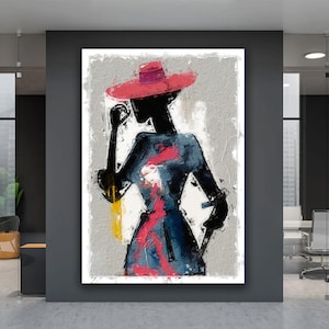 Abstract Woman in the Red Hat Canvas Art, Black Woman Canvas Painting, Woman in Colorful Dress Wall Art, Woman Wall Decor, Modern Art