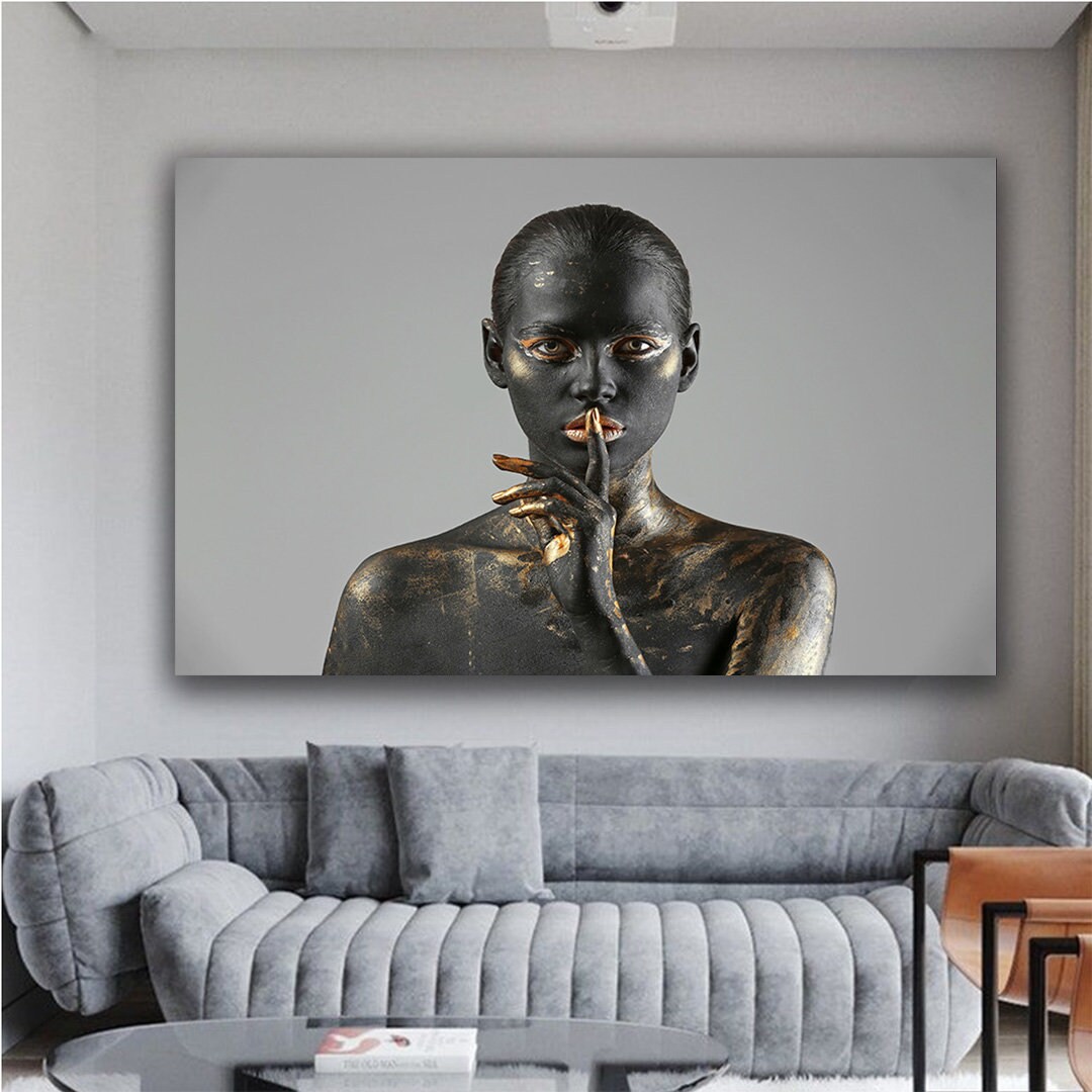 Black Woman With Gold Paint Canvas, Black and Gold Woman Wall Art, Gold
