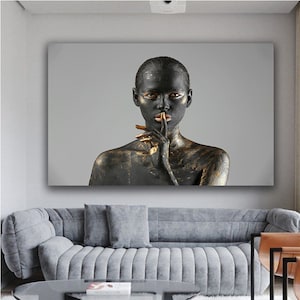 Black Woman with Gold Paint Canvas, Black and Gold Woman Wall Art, Gold Detailed Woman Canvas Wall ArtCanvas Wall Art , Woman Painting
