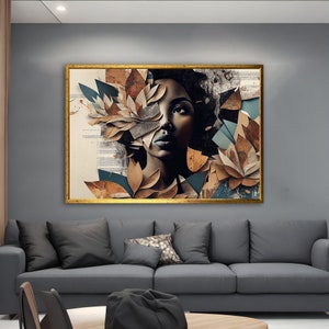 Black Woman Canvas Painting, Autumn Woman Wall Decor, Soft Colors Canvas Art, Woman and Leaves Canvas Print, Modern Home Decor