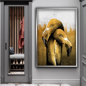 Flamingo Canvas Art, Vintage Flamingo Couple Painting, Flamingo Canvas Painting, White and Brown Art, Birds Canvas Print, Animal Home Decor