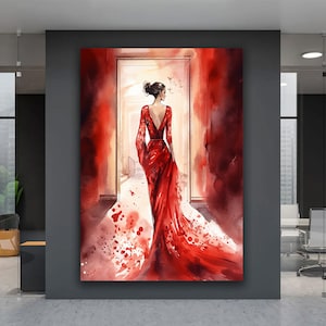 Woman in Red Dress Canvas Print, Elegant Woman Canvas Painting, Red Wall Art, Woman Wall Decor, Back Turned Woman Canvas Art, Modern Art