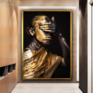 Black Woman with Gold Paint Canvas, Black and Gold Woman Wall Art, Golden Woman Closing Her Eyes Canvas Art, Woman Painting