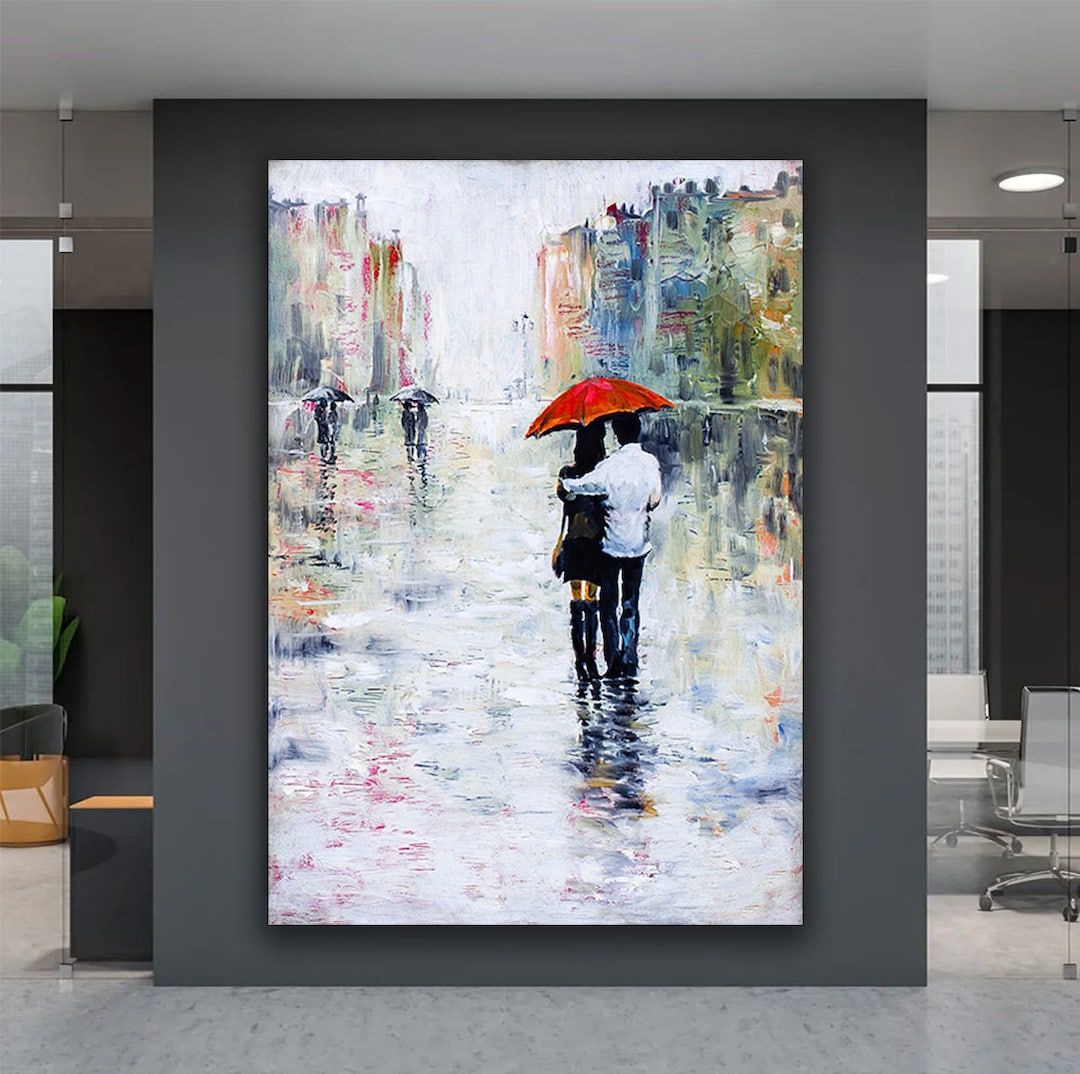 Romantic Couple Canvas Art, Romantic Couple Walking Rain Canvas, Rainy