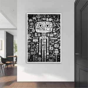 白黒の小さなロボットのキャンバスアート、シュールな白黒の漫画、シュールなアートプリント、シュールな絵画、漫画の絵画