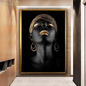 Dark African Woman Wall Decor, Gold African Canvas Wall Art, African Gold Lip, Black Woman Canvas Art, Black Gold Woman Canvas Wall Art
