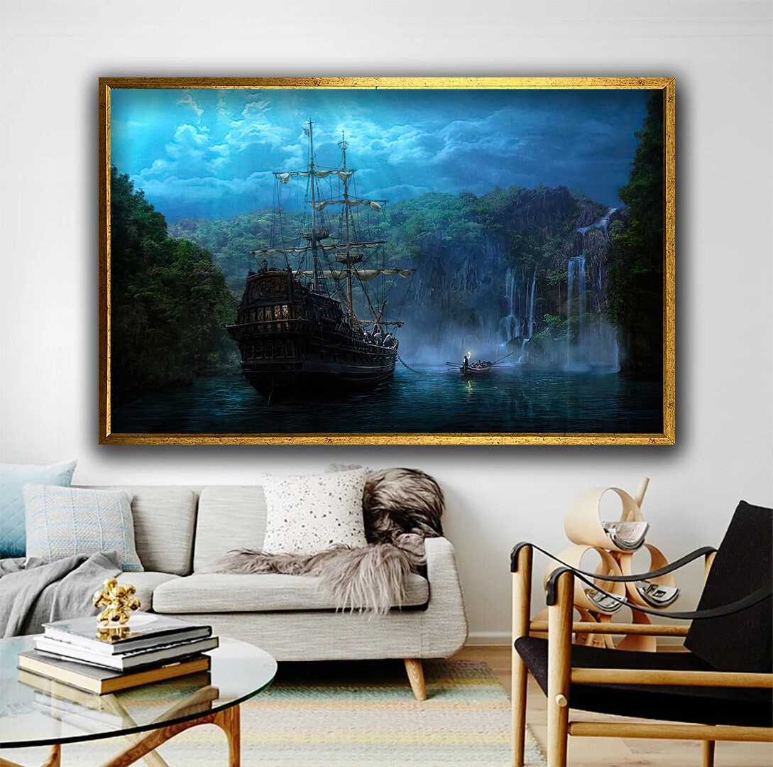 Sailing Ship Canvas Wall Art, Ship in the Dark Sea Painting, Rowing
