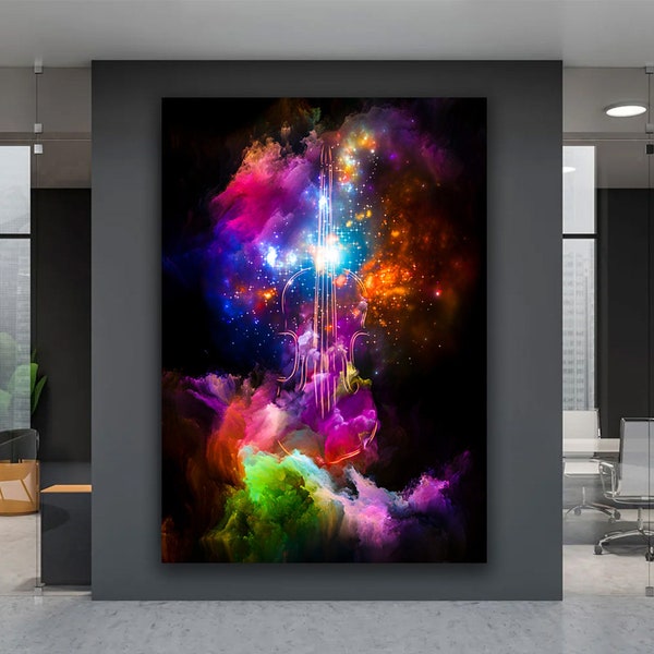 Geige Leinwand Kunst, Neon farbige Violine Leinwand Druck, Bunte Sterne Wandkunst, Musik Traum Himmel Leinwand, Musikinstrument Wand Dekor