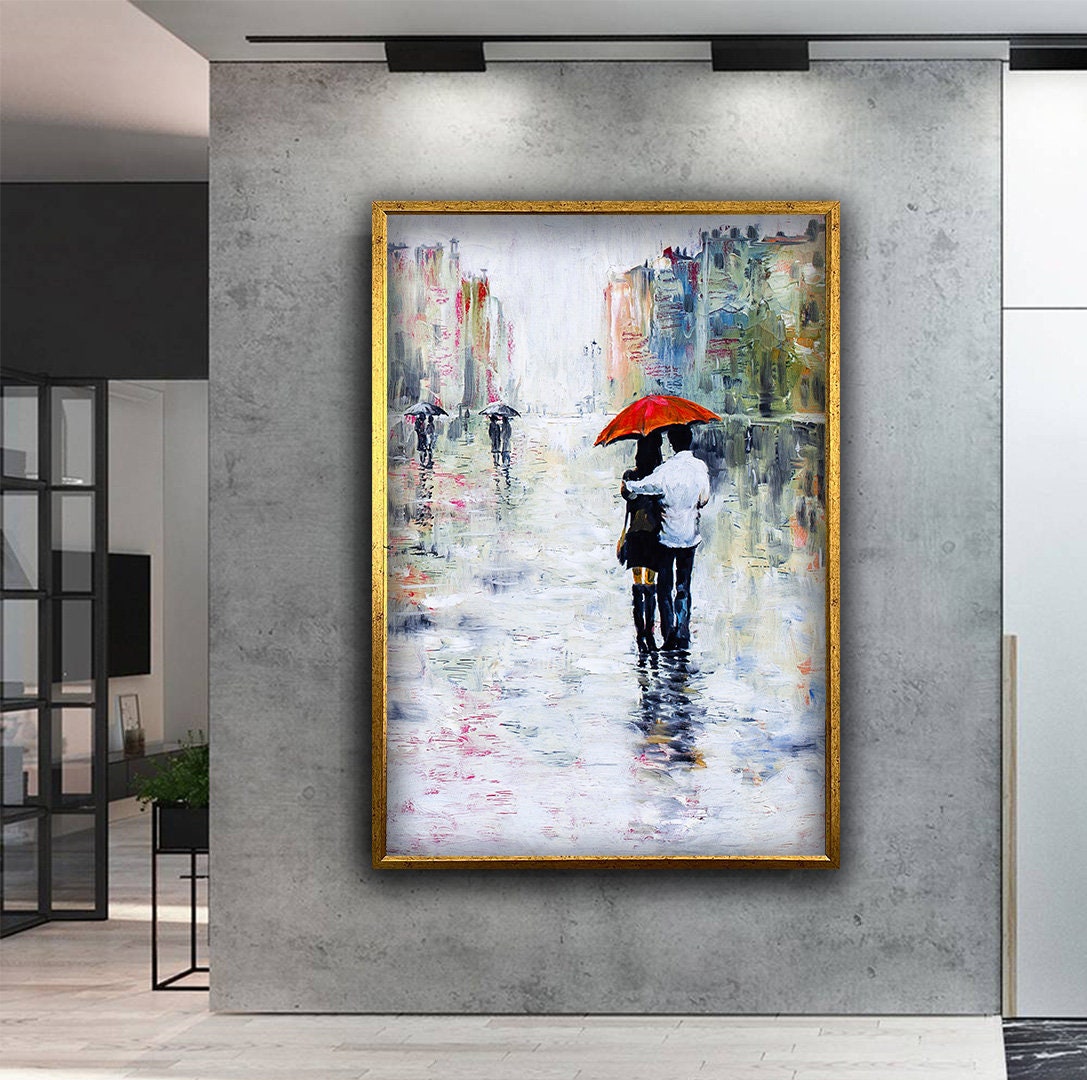 Romantic Couple Canvas Art, Romantic Couple Walking Rain Canvas, Rainy