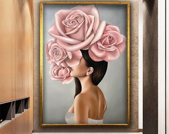 Pink Rose Headed Woman Canvas Painting, Woman Flower Head Wall Art, Woman with Pink Flower Head Canvas, Woman Floral Portrait, Woman Art