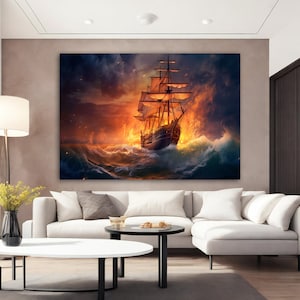 Fantastic Ship Canvas Painting, Pirate Ship Wall Art, Sailing Painting, Boating Ship Painting, Rowing Boat Canvas Print, Burning Night Art