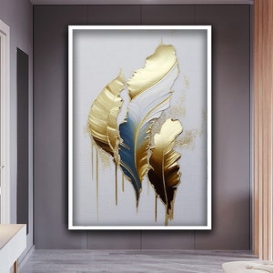 Feather Canvas Art, Abstract Feather Poster, Blue and Gold Feather Wall Art,  Feather Canvas Print, Abstract Wall Decor, Golden Feather Art