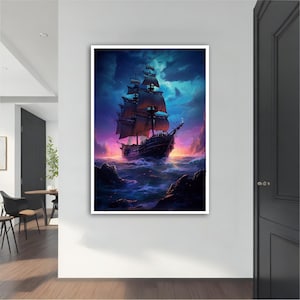 Ship Canvas, ,Fantasy Ship Row Boat, Pirate Ship Painting,Rowing Boat Art, Sailing Wall Art ,Sailboat Rolled Canvas Art, Night Art Canvas