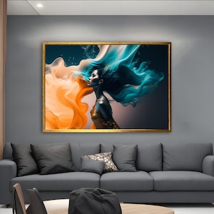 Abstract Woman Painting, Orange and Blue Woman Wall Art, Artistic Woman Portrait Canvas Print, Girl Canvas Painting, Modern Home Decor