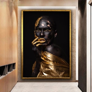 Black Woman with Gold Paint Canvas, Black and Gold Woman Wall Art, Gold Detailed Woman Canvas Wall ArtCanvas Wall Art , Woman Painting