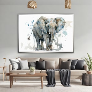 Watercolor Elephant Canvas Painting, Blue Tones Elephant, Elephant Wall Art Canvas,  Animal Art, Animal Canvas Painting