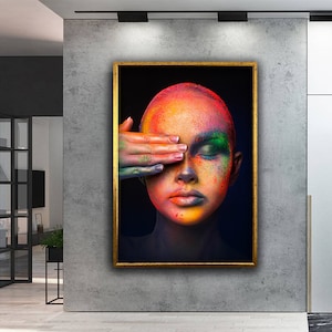 Colorful Woman Canvas Painting, Woman Covering One Eye with Her Hand Canvas Art, Colorful Girl Face Canvas Wall Art, Woman Portrait Art