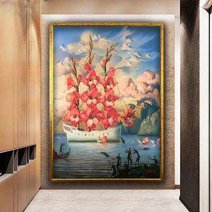 Vladimir Kush Flower Ship Canvas Wall Art, Vladimir Kush Canvas, Ship and Flower Surreal Art Canvas, Vintage Painting, Pink Flowers Print