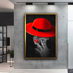Woman in Red Hat Canvas Art, Fashion Girl Canvas Print, Beautiful Woman Wall Art, Modern Girl Canvas Painting, Red Hat Wall Art, Woman Art