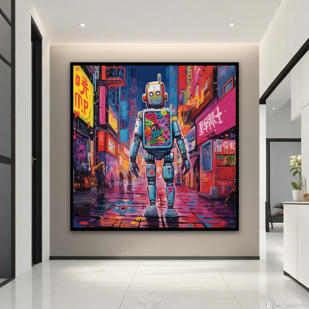 Colorful Graffiti Robot Canvas Art, Abstract Robot Grafitti Poster ...