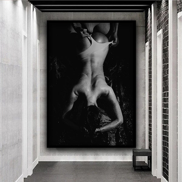 Toile noir et blanc femme sexy, toile de femme nue, toile d'art érotique, peinture pour chambre à coucher, toile fille sensuelle, art corporel fille nue