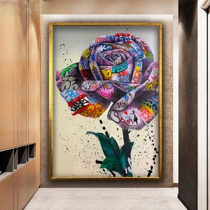 Graffiti Rose Wall Art, Banksy Rose Graffiti Canvas Print, Banksy Graffiti Artwork, cartel colorido de la rosa, arte del lienzo de la rosa del arte pop