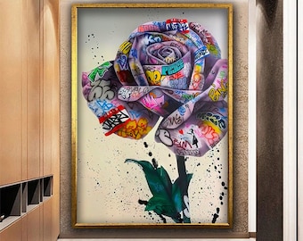 Graffiti Rose Wall Art, Banksy Rose Graffiti Canvas Print, Banksy Graffiti Artwork, Colorful Rose Poster, Pop Art Rose Canvas Art