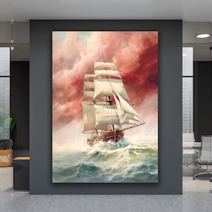 Pirate Ship Wall Art, Wavy Sea Canvas Painting, Ship Landscape Canvas, Ocean Wall Art, Sailing Ships Wall Art, Sailboat Wall Decor