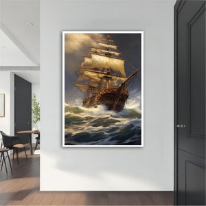 Arte del lienzo del barco, barco pirata en la tormenta, arte del barco de remos, arte de la pared de la vela, arte del lienzo enrollado del velero, pintura del barco en el mar oscuro