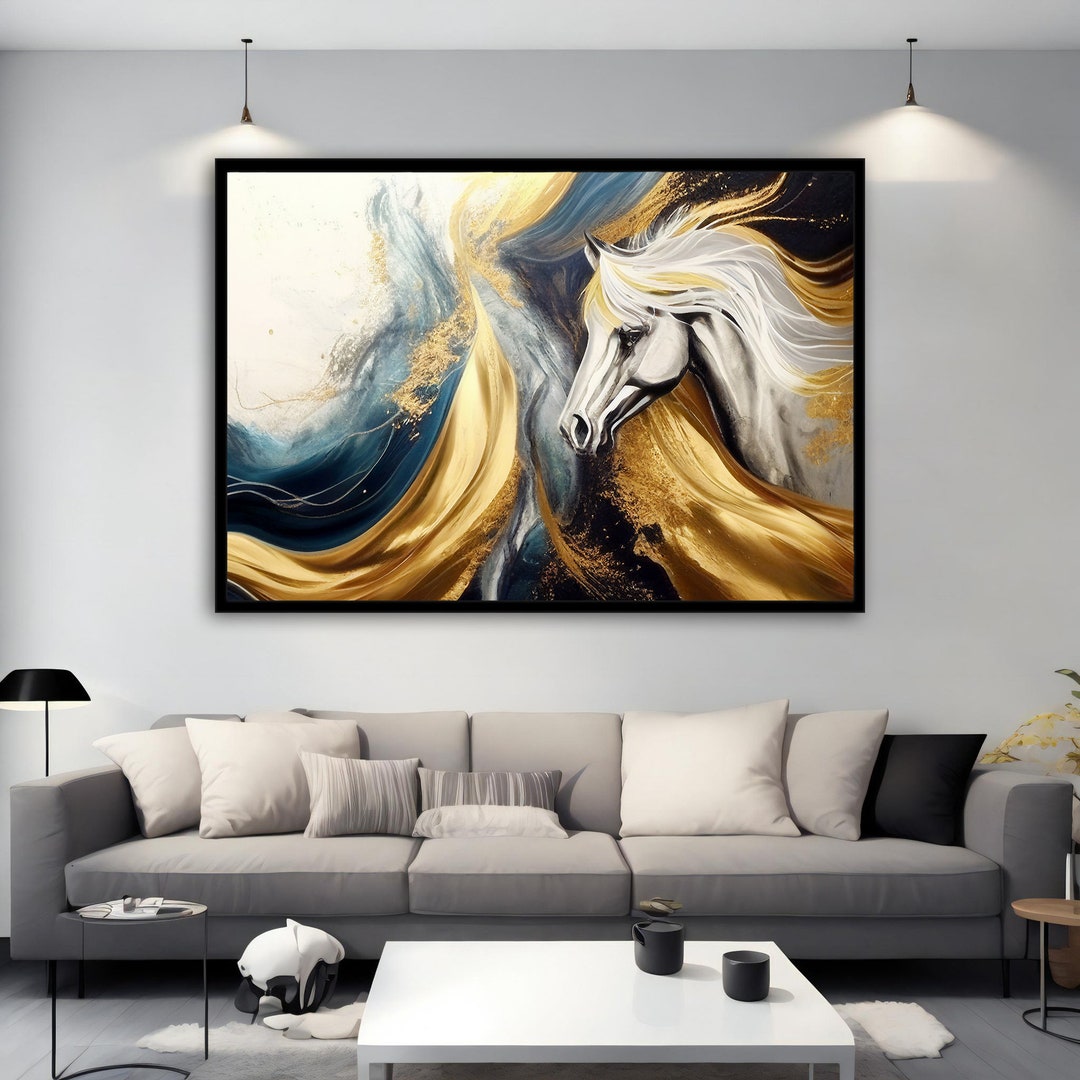 White Horse Painted in Gold and Gray Canvas Art, White Horse Canvas