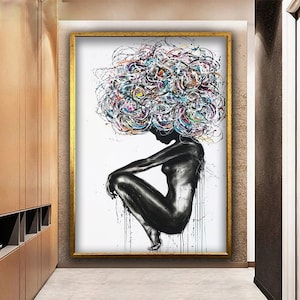 Colorful Hairstyle Woman Abstract Canvas, Curly Haired Woman Wall Art, Black Woman Canvas, Portrait of Woman With Colored Hair Canvas Print