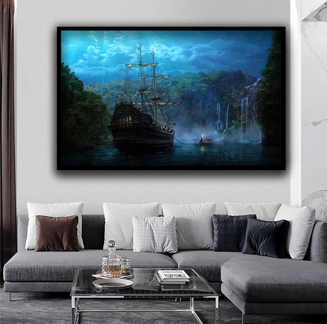 Sailing Ship Canvas Wall Art, Ship in the Dark Sea Painting, Rowing