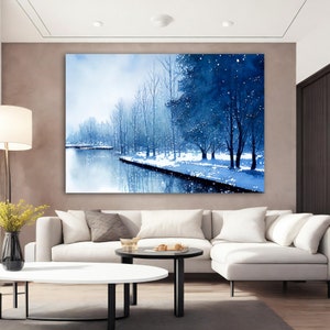 Snow Landscape Forest Canvas Painting,Blue Snow Poster, Winter Landscape Wall Decor, Snowy Lake Landscape Canvas Print, Landspace Home Decor