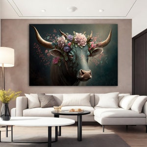 Bull With Flower Crown Canvas Painting, Black Bull Wall Art, Bull Home Decor, Animal Design Canvas Art, Animal Wall Art