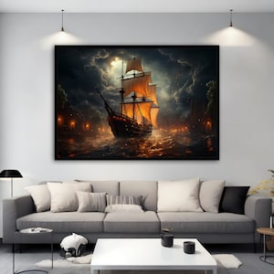 Sailing Ship Canvas Wall Art, Ship in the Dark Sea Painting, Rowing Boat Wall Art, Sailboat Canvas Painting, Pirate Ship Canvas Art