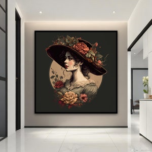 Girl in Hat With Flowers Canvas, Vintage Girl Wall Art, Romantic Canvas Art, Graceful Girl with a Hat , Modern Woman Print